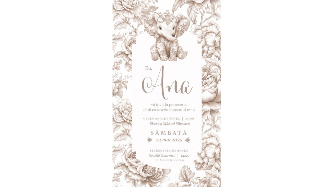 Invitație digitală botez fetiță Toile de Jouy Beige Tematică junglă elegantă nude-bej cu flori și animale exotice Invitație electronică personalizată 1